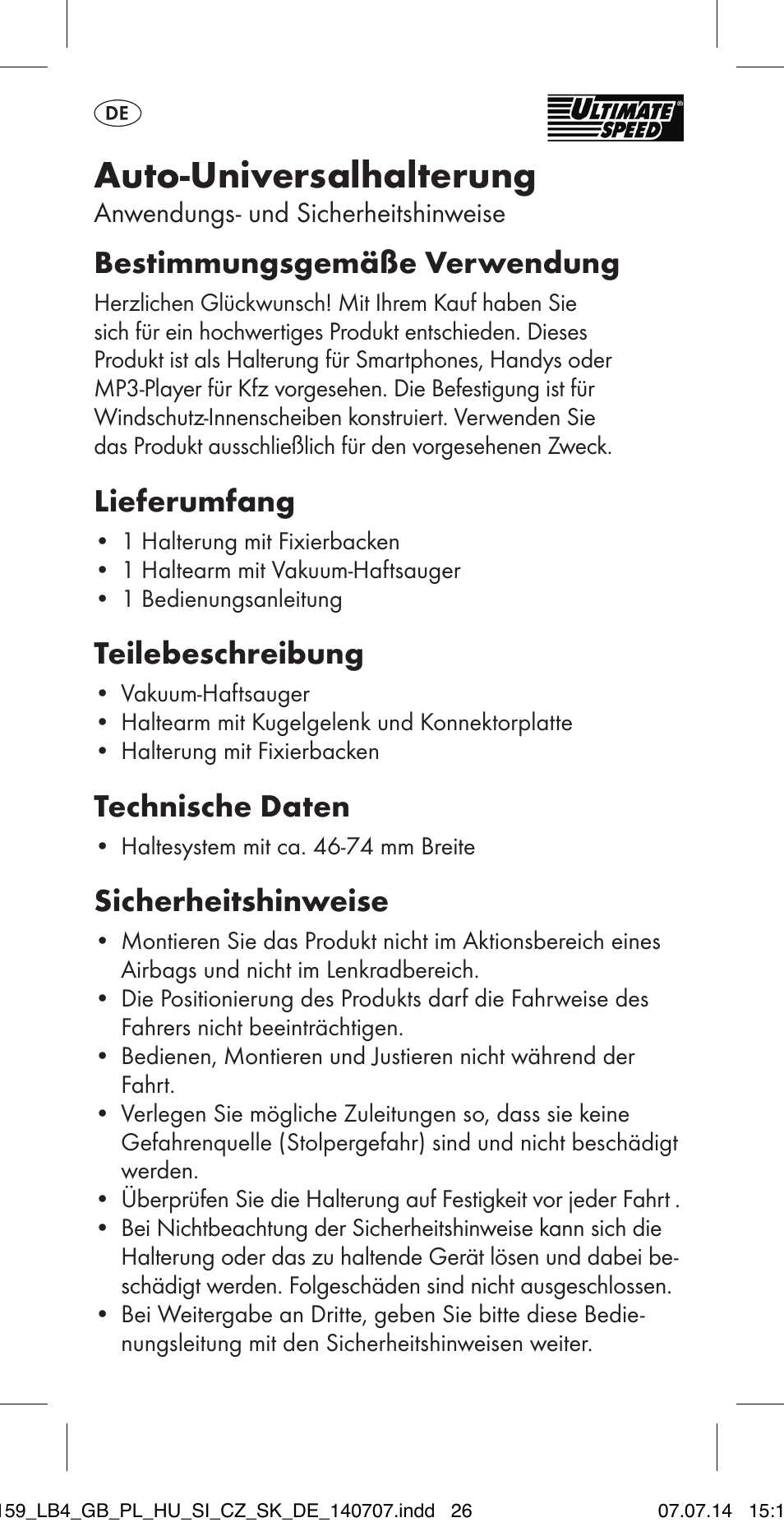 Auto-universalhalterung, Bestimmungsgemäße verwendung, Lieferumfang | Teilebeschreibung, Technische daten, Sicherheitshinweise | Ultimate Speed MULTI-PURPOSE CAR BRACKET User Manual | Page 26 / 30
