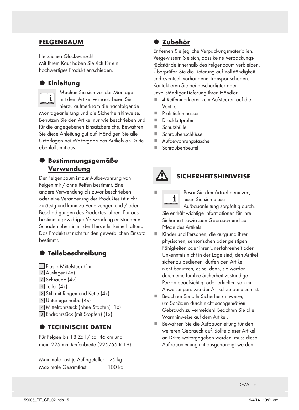 Felgenbaum, Einleitung, Bestimmungsgemäße verwendung | Teilebeschreibung, Technische daten, Zubehör, Sicherheitshinweise | Ultimate Speed AZ-600 User Manual | Page 5 / 10
