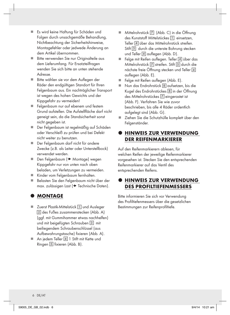 Montage, Hinweis zur verwendung der reifenmarkierer, Hinweis zur verwendung des profiltiefenmessers | Ultimate Speed AZ-600 User Manual | Page 6 / 10