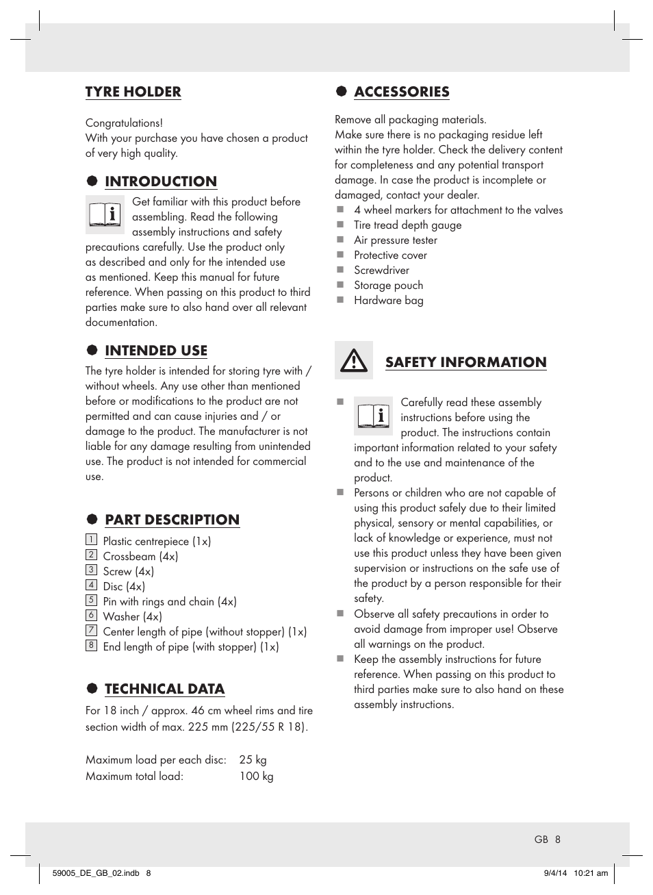 Tyre holder, Introduction, Intended use | Part description, Technical data, Accessories, Safety information | Ultimate Speed AZ-600 User Manual | Page 8 / 10