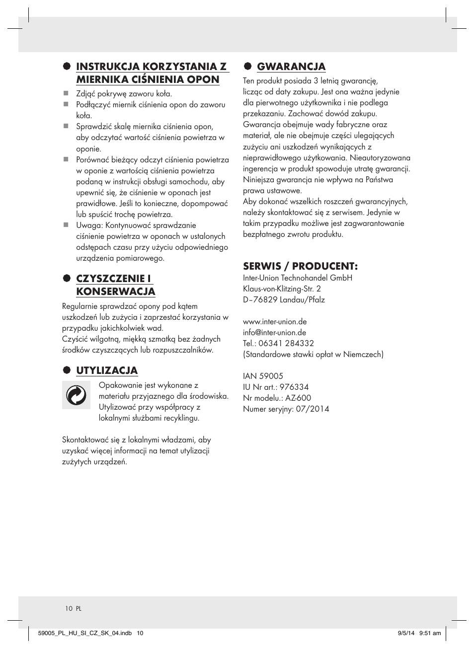 Instrukcja korzystania z miernika ciśnienia opon, Czyszczenie i konserwacja, Utylizacja | Gwarancja, Serwis / producent | Ultimate Speed AZ-600 User Manual | Page 10 / 22