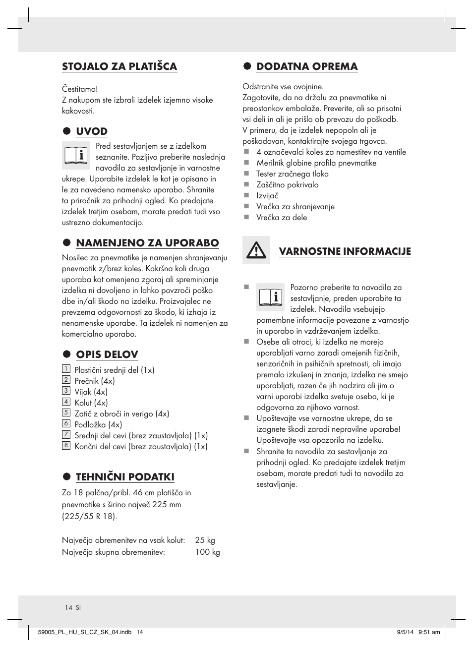 Stojalo za platišca, Uvod, Namenjeno za uporabo | Opis delov, Tehnični podatki, Dodatna oprema, Varnostne informacije | Ultimate Speed AZ-600 User Manual | Page 14 / 22