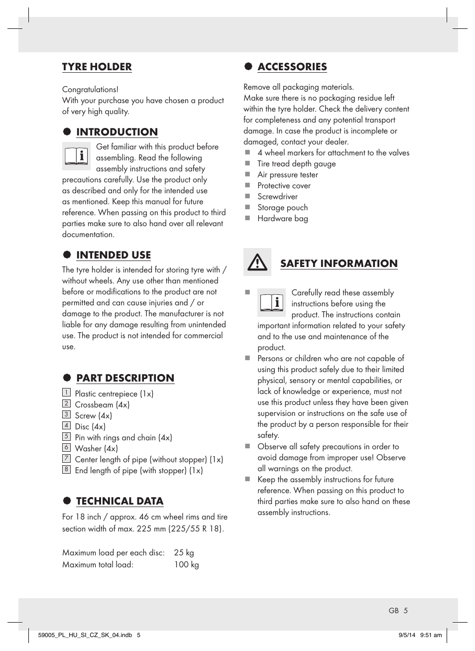 Tyre holder, Introduction, Intended use | Part description, Technical data, Accessories, Safety information | Ultimate Speed AZ-600 User Manual | Page 5 / 22