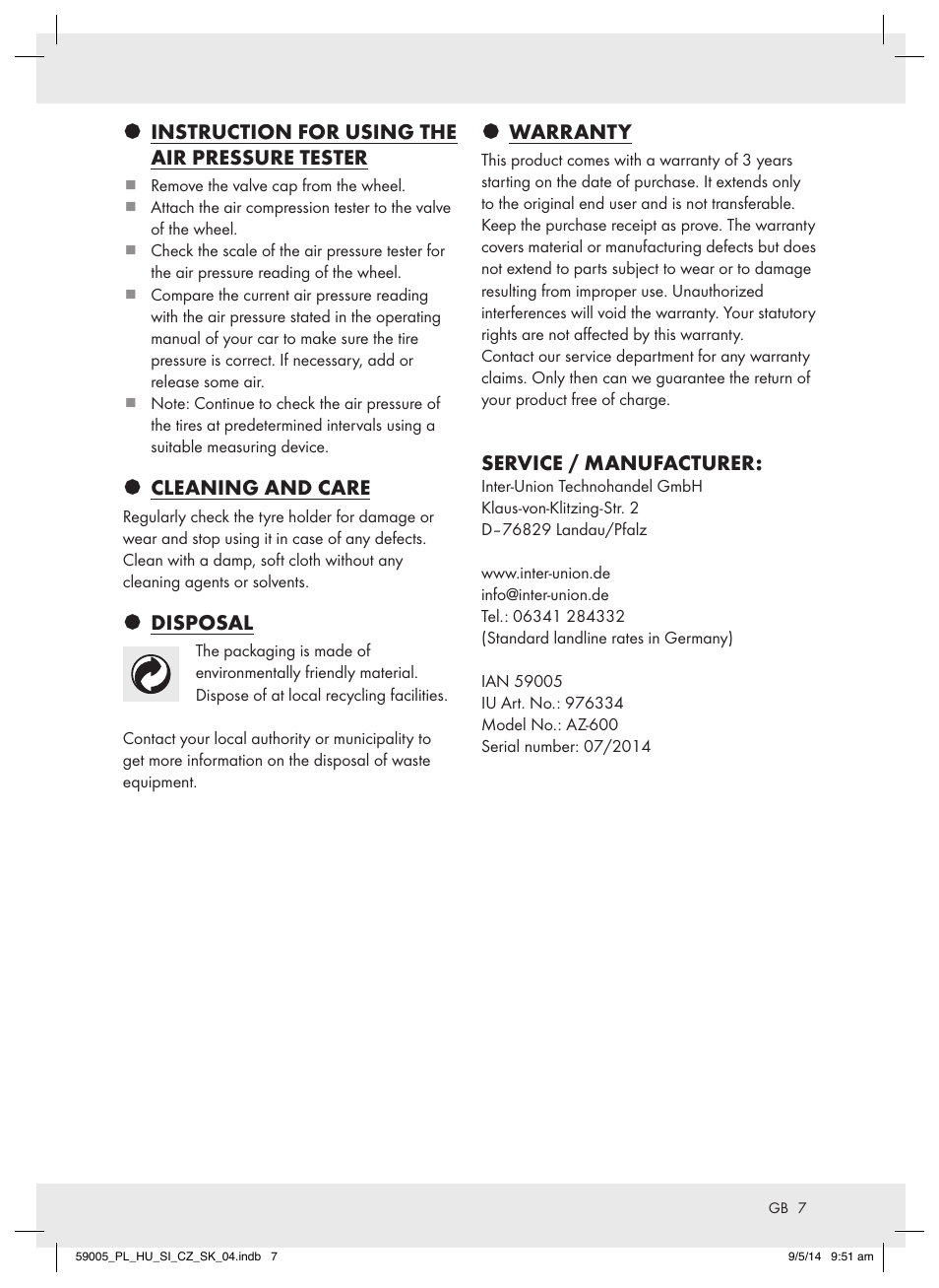 Instruction for using the air pressure tester, Cleaning and care, Disposal | Warranty, Service / manufacturer | Ultimate Speed AZ-600 User Manual | Page 7 / 22