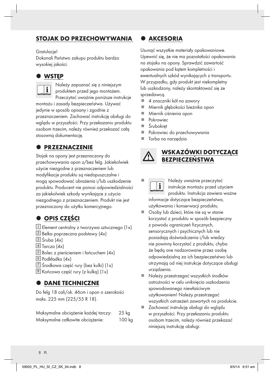 Stojak do przechowywania, Wstęp, Przeznaczenie | Opis części, Dane techniczne, Akcesoria, Wskazówki dotyczące bezpieczeństwa | Ultimate Speed AZ-600 User Manual | Page 8 / 22