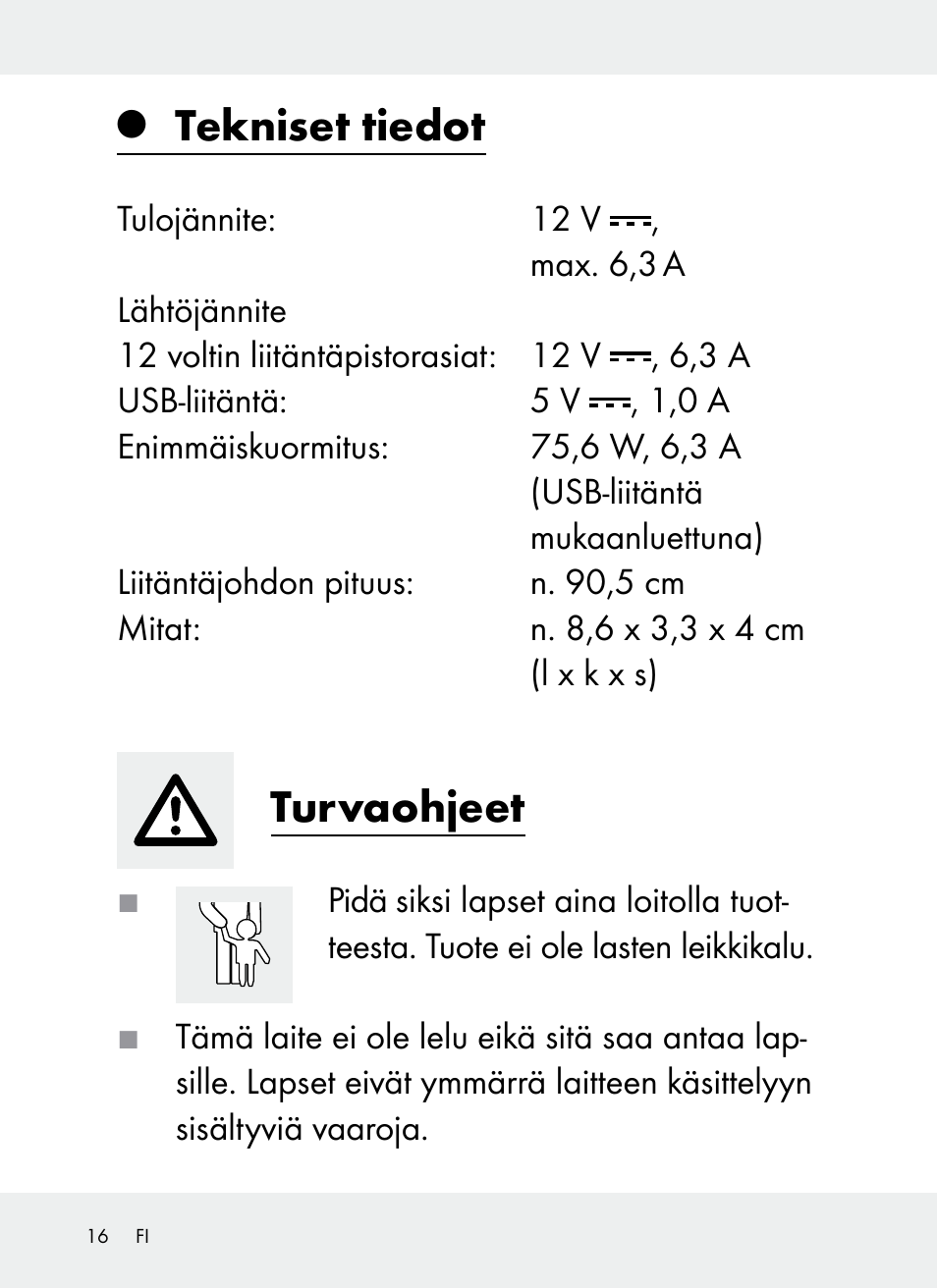 Tekniset tiedot, Turvaohjeet | Ultimate Speed Z31381 User Manual | Page 16 / 77
