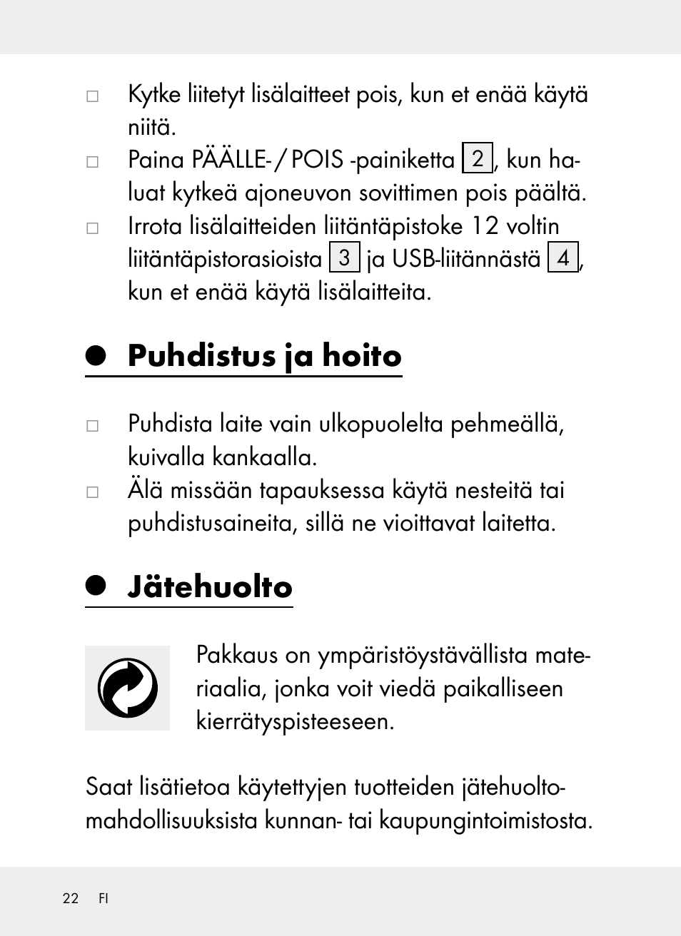 Puhdistus ja hoito, Jätehuolto | Ultimate Speed Z31381 User Manual | Page 22 / 77