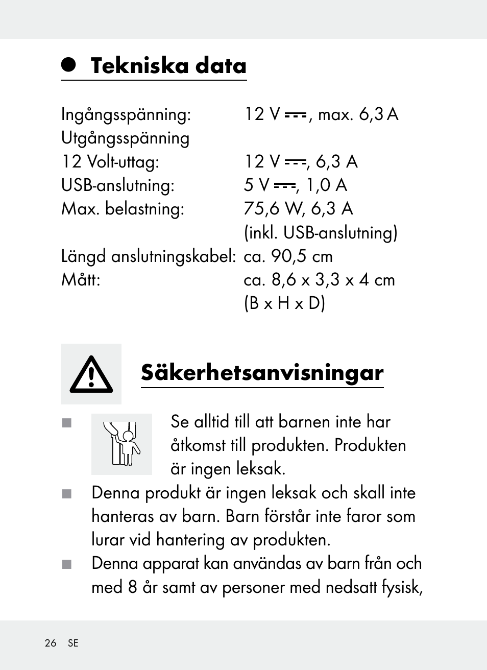Tekniska data, Säkerhetsanvisningar | Ultimate Speed Z31381 User Manual | Page 26 / 77
