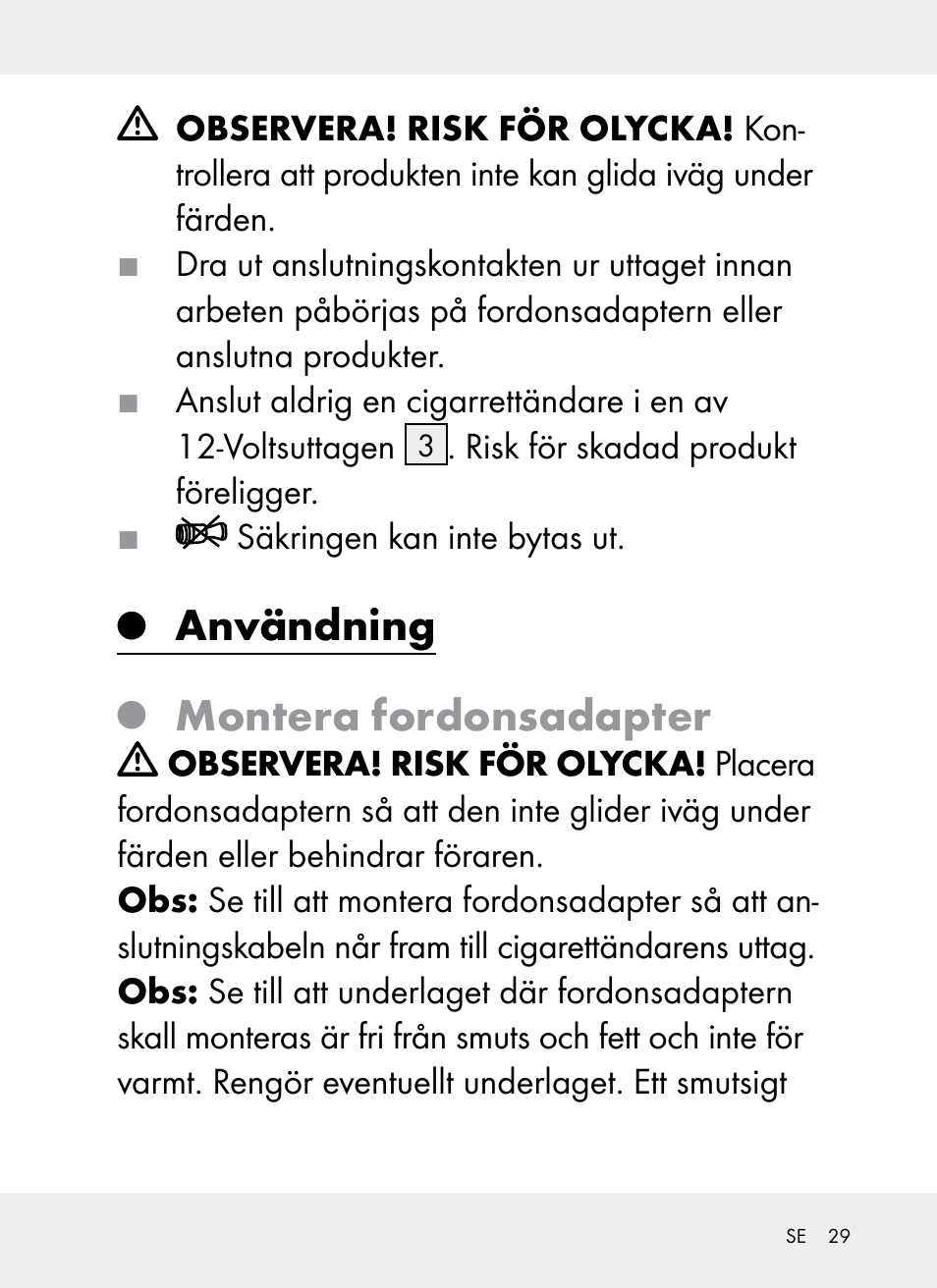 Användning, Montera fordonsadapter | Ultimate Speed Z31381 User Manual | Page 29 / 77