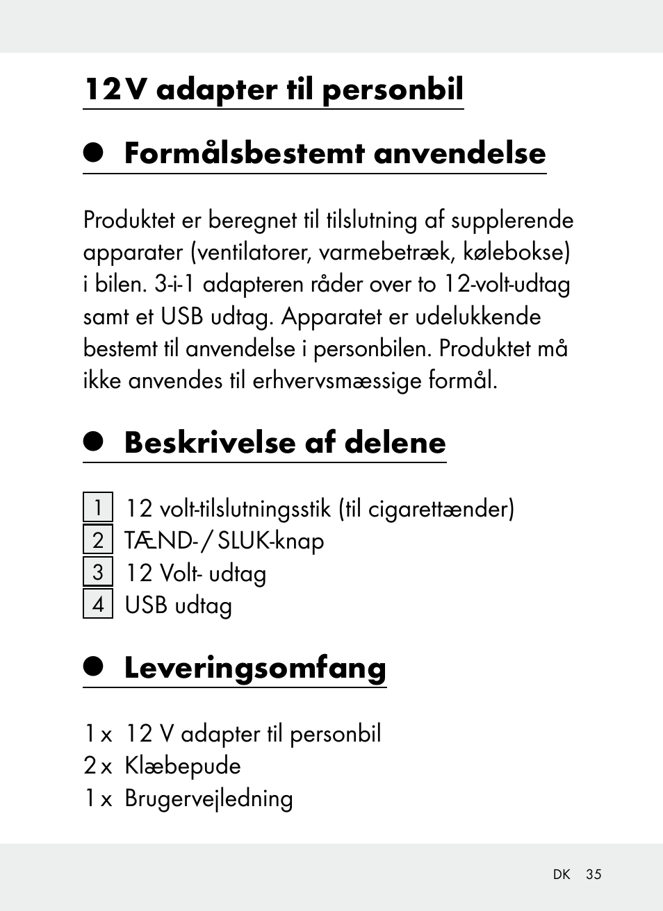 12 v adapter til personbil, Formålsbestemt anvendelse, Beskrivelse af delene | Leveringsomfang | Ultimate Speed Z31381 User Manual | Page 35 / 77