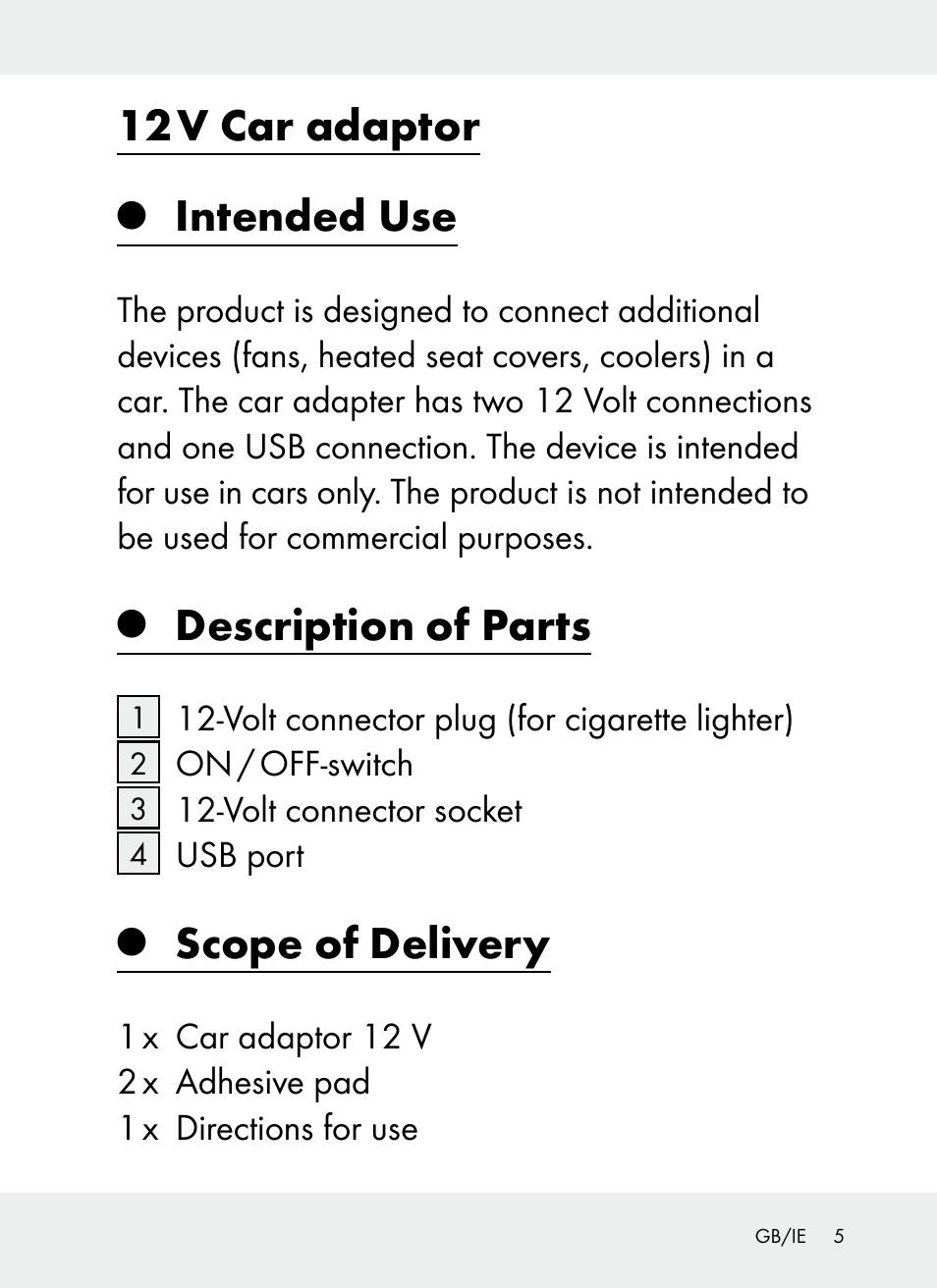 12 v car adaptor, Intended use, Description of parts | Scope of delivery | Ultimate Speed Z31381 User Manual | Page 5 / 77