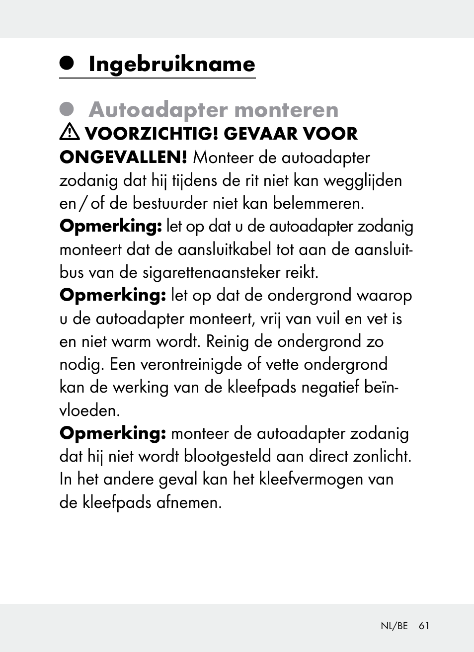 Ingebruikname, Autoadapter monteren | Ultimate Speed Z31381 User Manual | Page 61 / 77