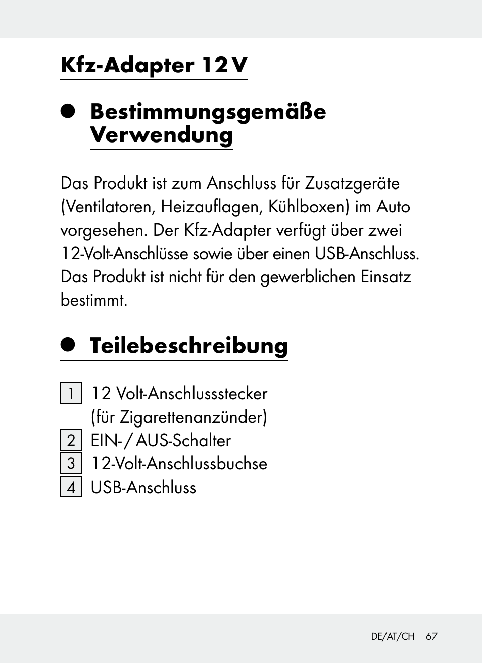 Kfz-adapter 12 v, Bestimmungsgemäße verwendung, Teilebeschreibung | Ultimate Speed Z31381 User Manual | Page 67 / 77