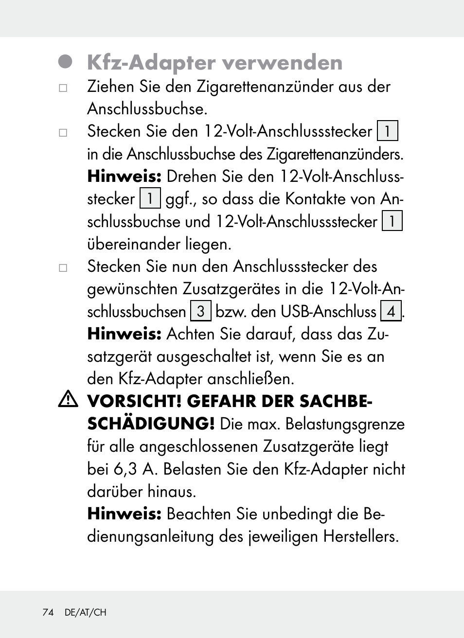 Kfz-adapter verwenden | Ultimate Speed Z31381 User Manual | Page 74 / 77