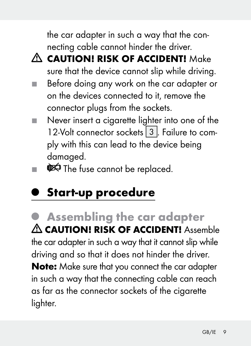 Start-up procedure, Assembling the car adapter | Ultimate Speed Z31381 User Manual | Page 9 / 77