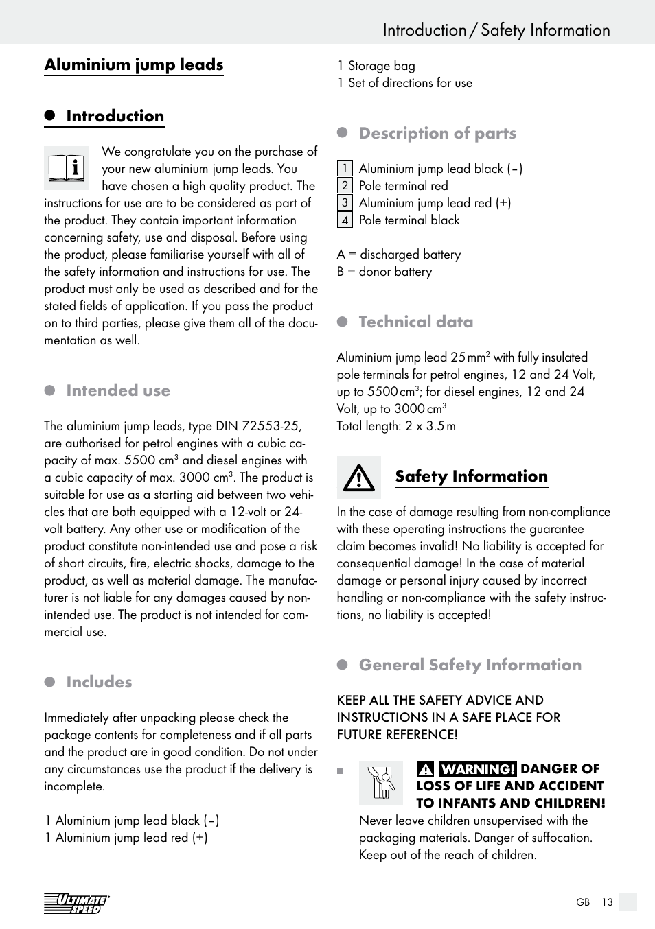 Introduction / safety information, Aluminium jump leads, Introduction | Intended use, Includes, Description of parts, Technical data, Safety information, General safety information | Ultimate Speed Alu Jump Leads User Manual | Page 13 / 17