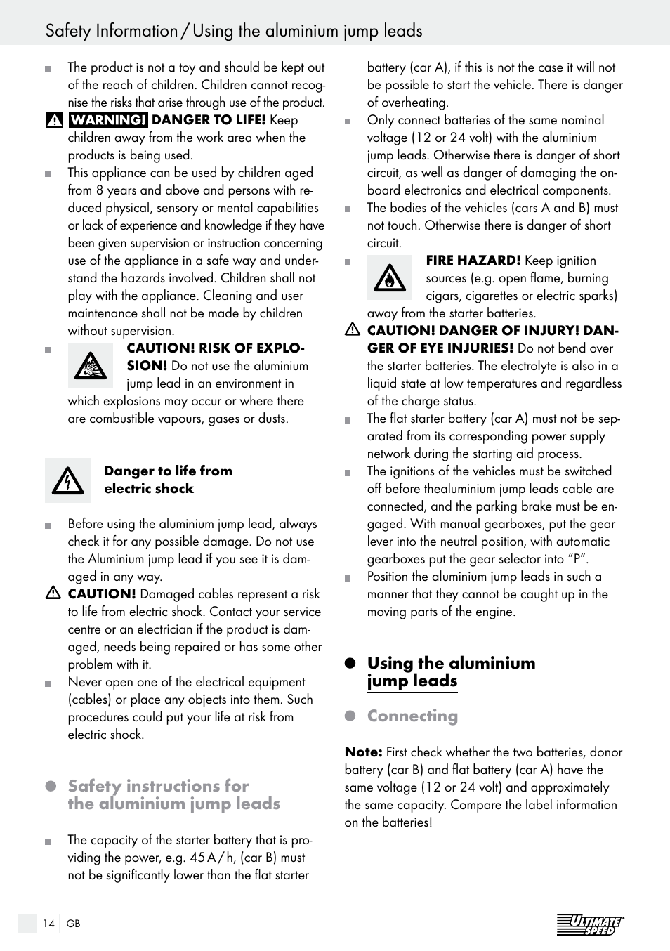 Safety instructions for the aluminium jump leads, Using the aluminium jump leads connecting | Ultimate Speed Alu Jump Leads User Manual | Page 14 / 17