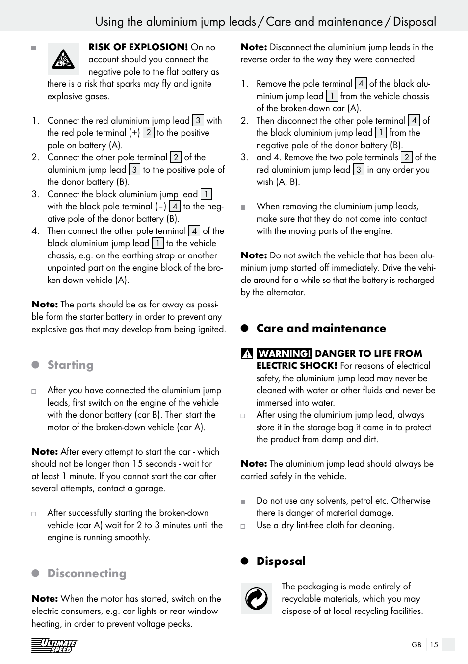 Starting, Disconnecting, Care and maintenance | Disposal | Ultimate Speed Alu Jump Leads User Manual | Page 15 / 17