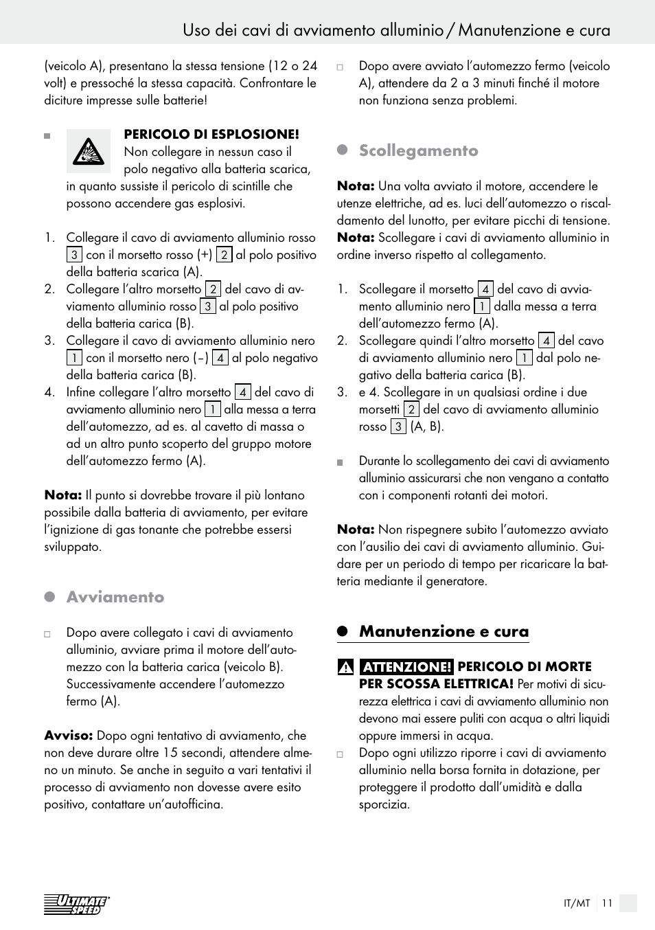 Avviamento, Scollegamento, Manutenzione e cura | Ultimate Speed Alu Jump Leads User Manual | Page 11 / 25