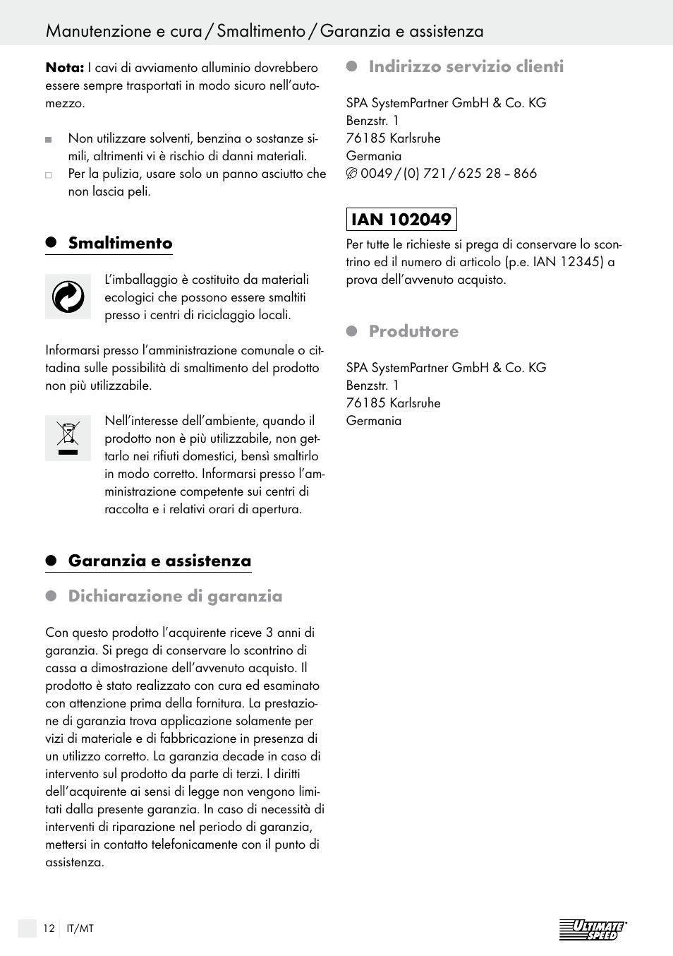 Smaltimento, Garanzia e assistenza, Dichiarazione di garanzia | Indirizzo servizio clienti, Produttore | Ultimate Speed Alu Jump Leads User Manual | Page 12 / 25