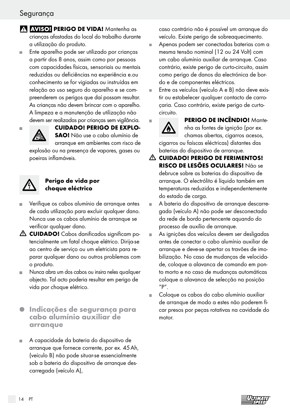 Segurança | Ultimate Speed Alu Jump Leads User Manual | Page 14 / 25