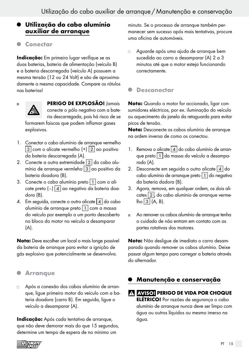 Arranque, Desconectar, Manutenção e conservação | Ultimate Speed Alu Jump Leads User Manual | Page 15 / 25