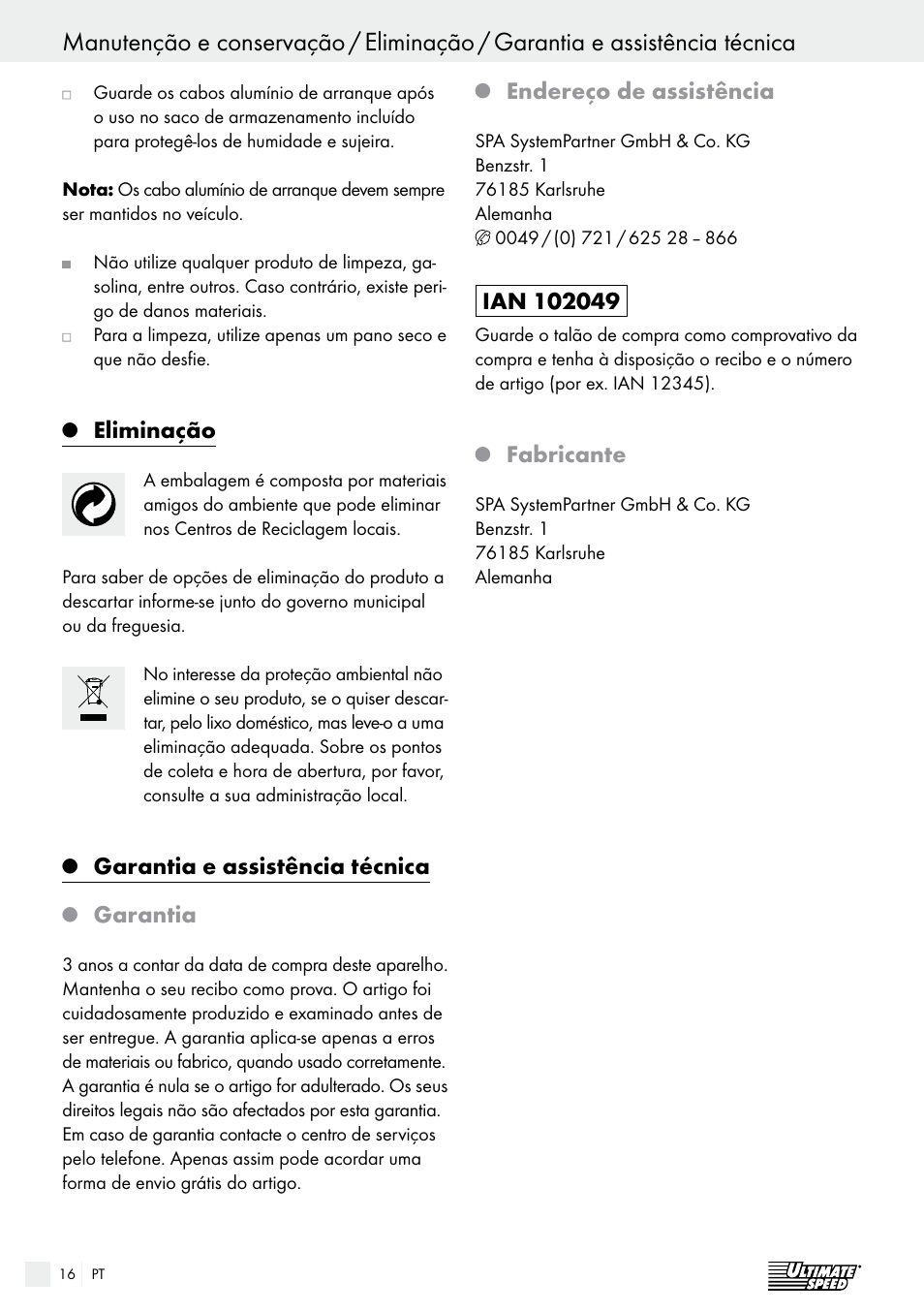 Eliminação, Garantia e assistência técnica, Garantia | Endereço de assistência, Fabricante | Ultimate Speed Alu Jump Leads User Manual | Page 16 / 25