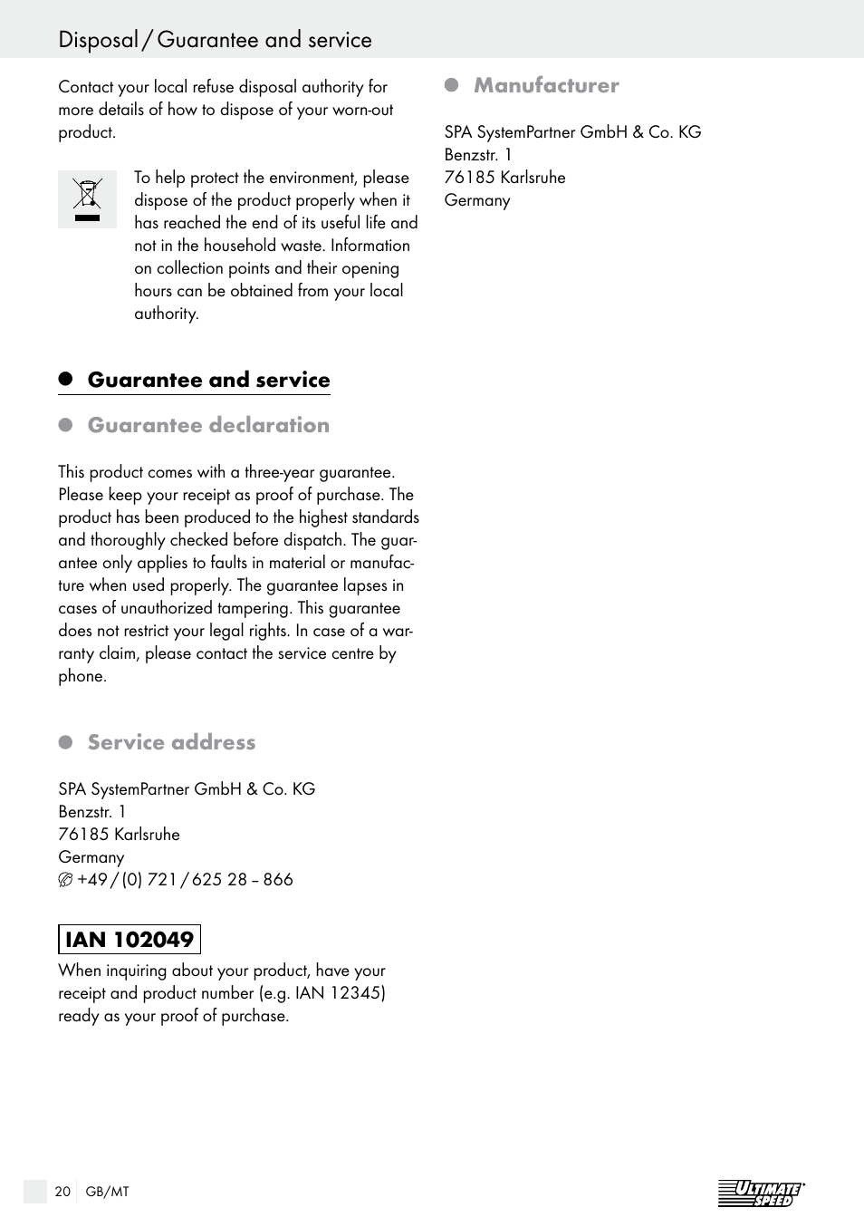Disposal / guarantee and service, Guarantee and service, Guarantee declaration | Service address, Manufacturer | Ultimate Speed Alu Jump Leads User Manual | Page 20 / 25