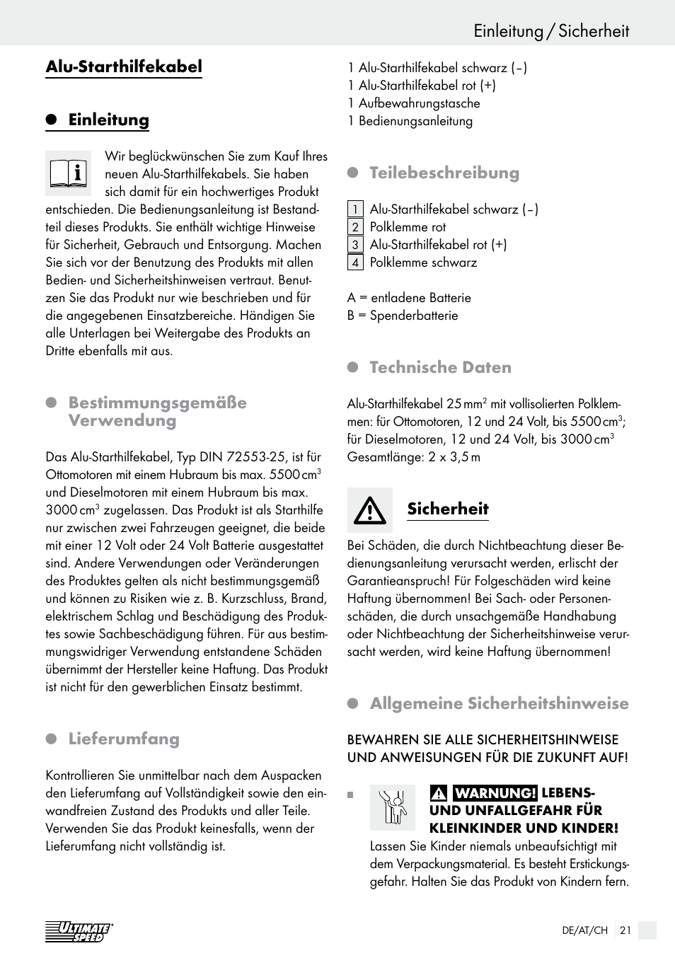 Einleitung / sicherheit, Alu-starthilfekabel, Einleitung | Bestimmungsgemäße verwendung, Lieferumfang, Teilebeschreibung, Technische daten, Sicherheit, Allgemeine sicherheitshinweise | Ultimate Speed Alu Jump Leads User Manual | Page 21 / 25