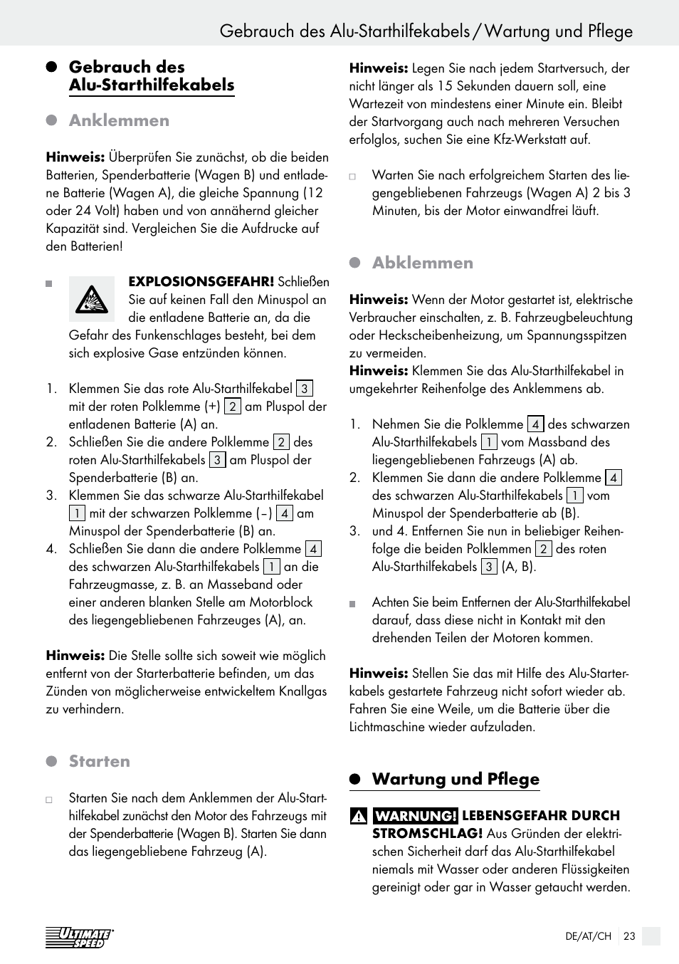 Gebrauch des alu-starthilfekabels, Anklemmen, Starten | Abklemmen, Wartung und pflege | Ultimate Speed Alu Jump Leads User Manual | Page 23 / 25