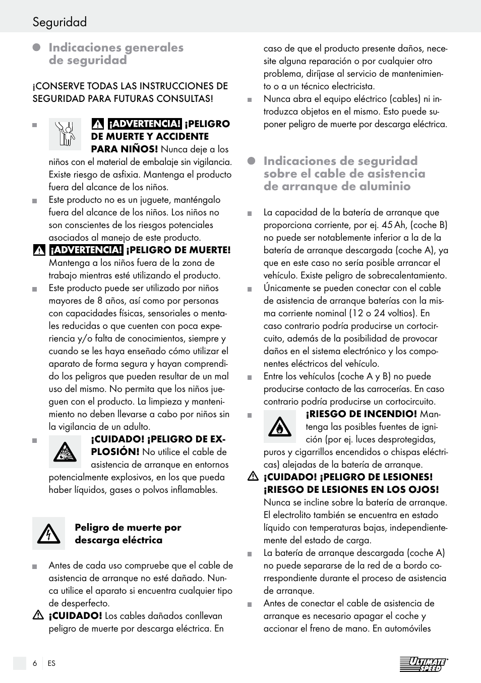 Seguridad, Indicaciones generales de seguridad | Ultimate Speed Alu Jump Leads User Manual | Page 6 / 25