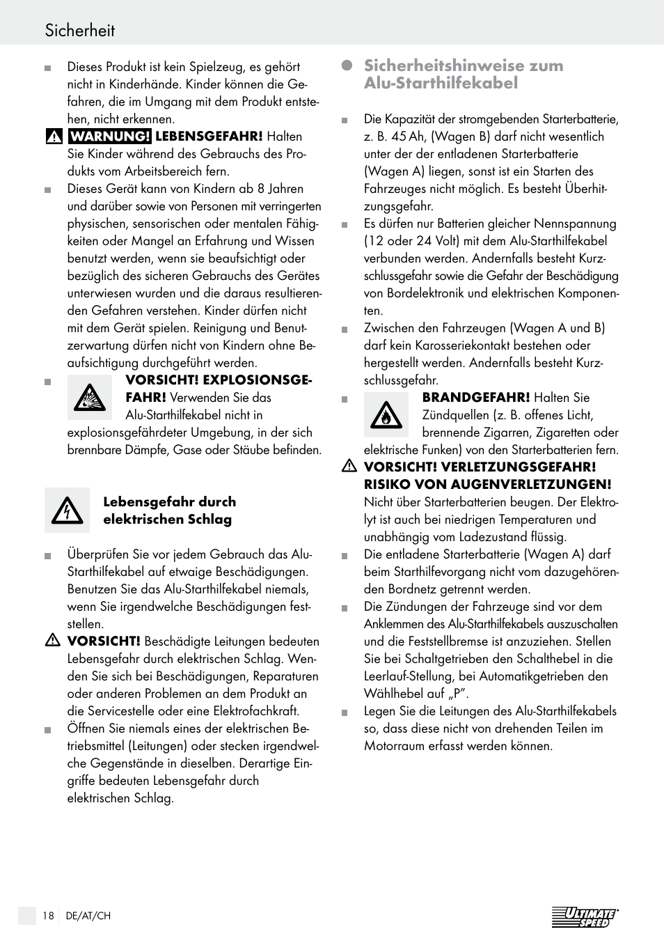 Sicherheit, Sicherheitshinweise zum alu-starthilfekabel | Ultimate Speed Alu Jump Leads User Manual | Page 18 / 21