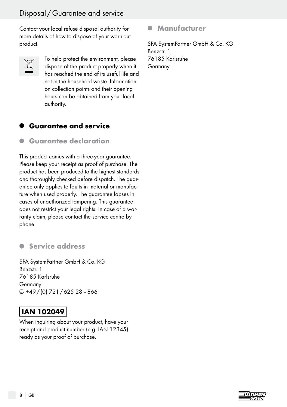 Disposal / guarantee and service, Guarantee and service, Guarantee declaration | Service address, Manufacturer | Ultimate Speed Alu Jump Leads User Manual | Page 8 / 21