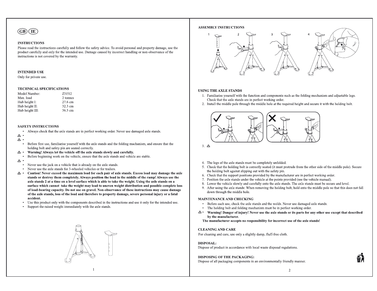 Axle stands | Ultimate Speed Z31512 User Manual | Page 2 / 8
