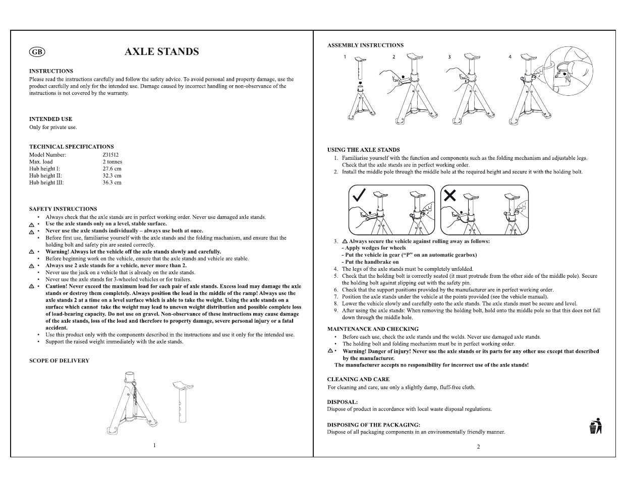 Axle stands | Ultimate Speed Z31512 User Manual | Page 2 / 8