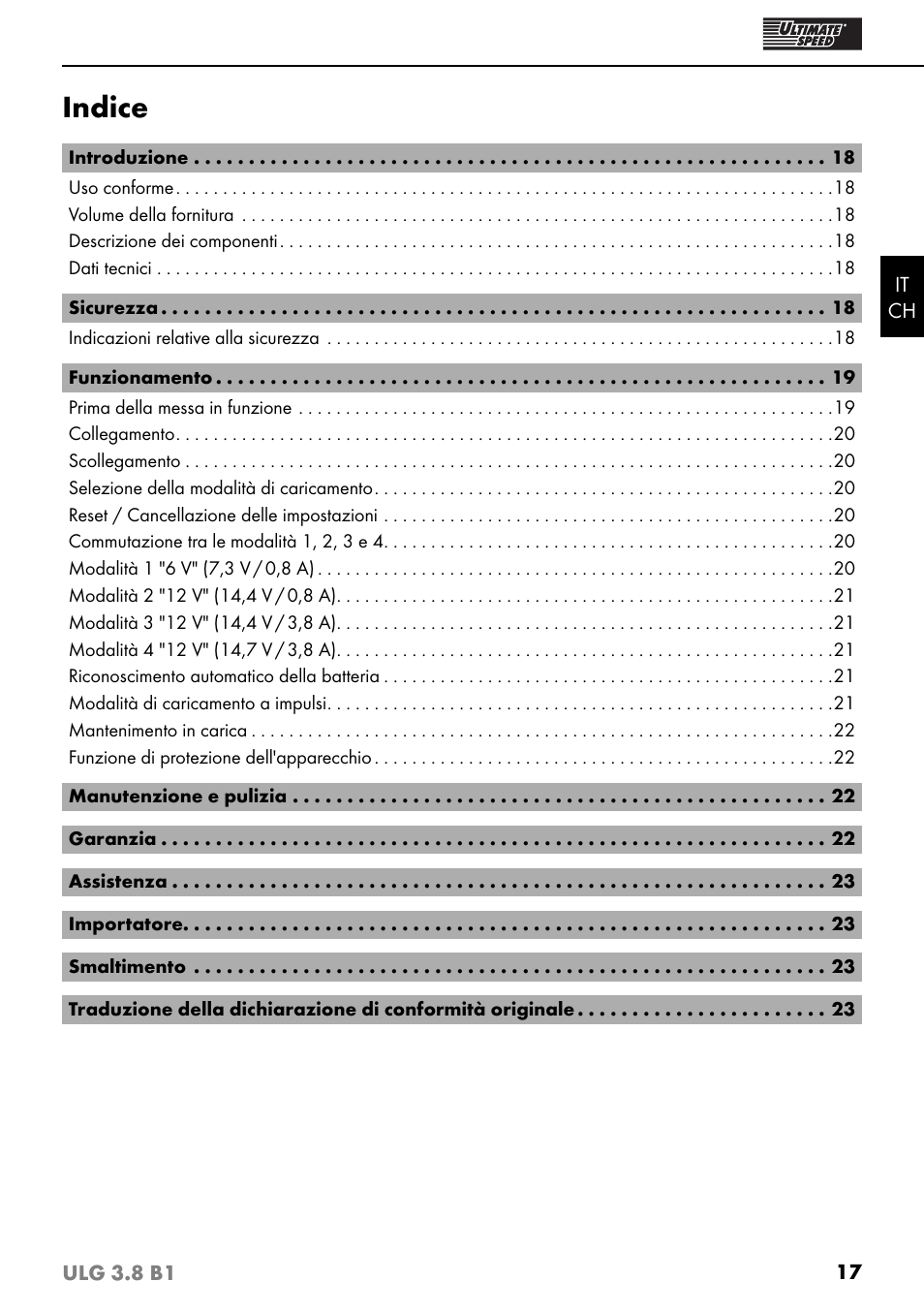 Indice | Ultimate Speed ULG 3.8 B1 User Manual | Page 20 / 36