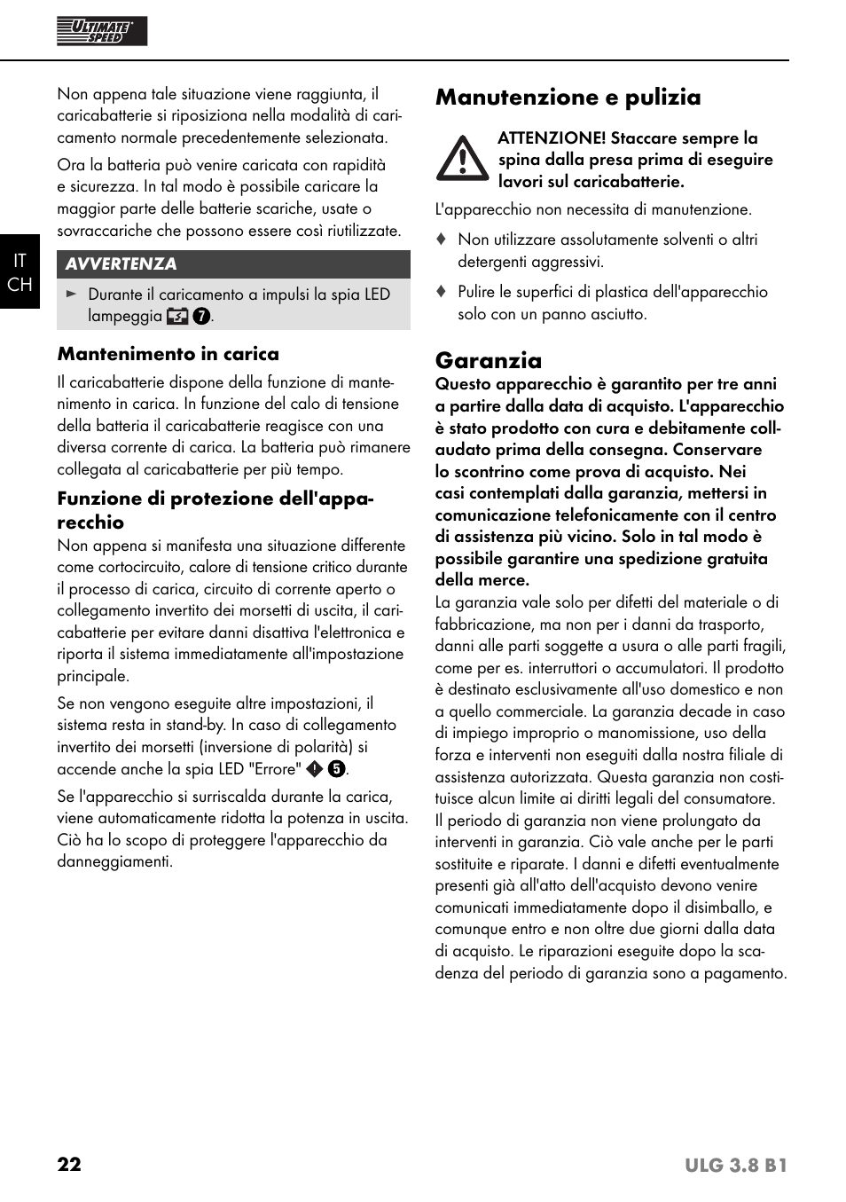 Manutenzione e pulizia, Garanzia | Ultimate Speed ULG 3.8 B1 User Manual | Page 25 / 36