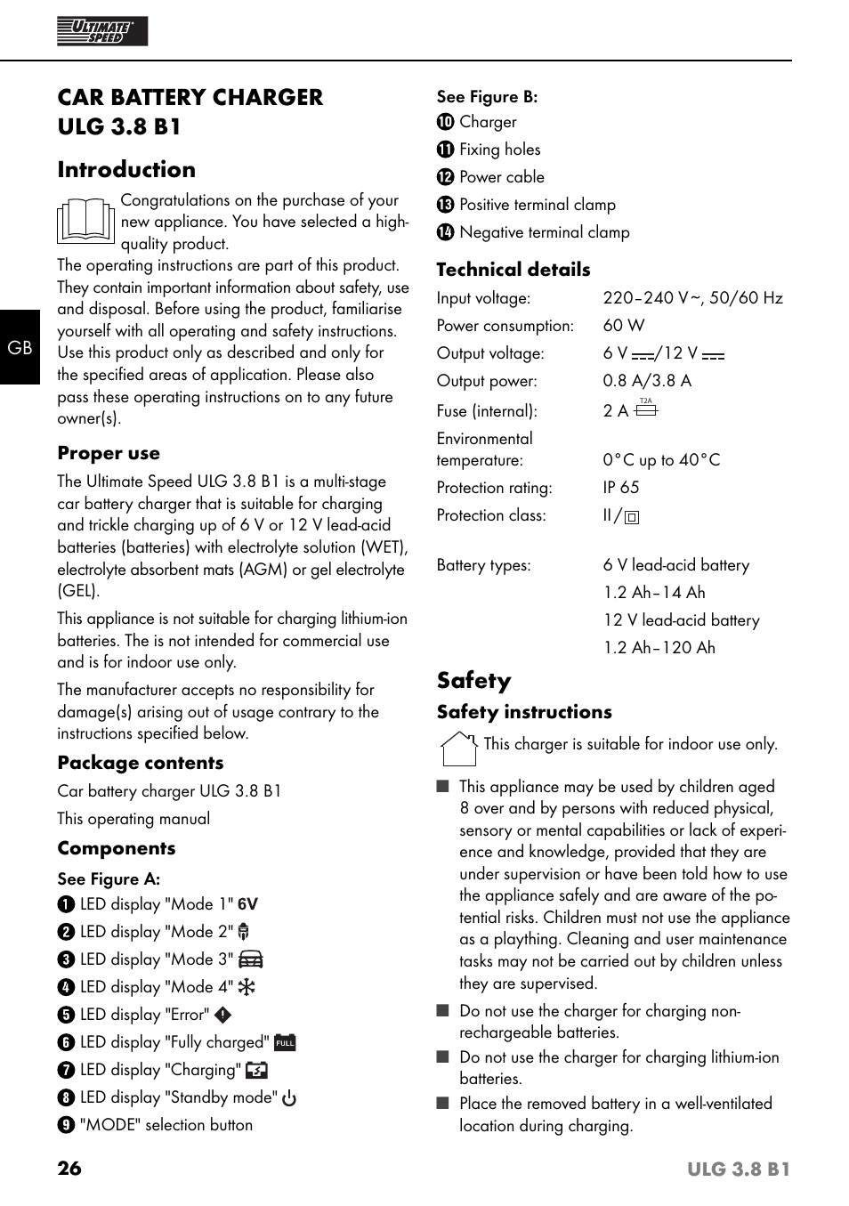 Car battery charger ulg 3.8 b1 introduction, Safety | Ultimate Speed ULG 3.8 B1 User Manual | Page 29 / 36