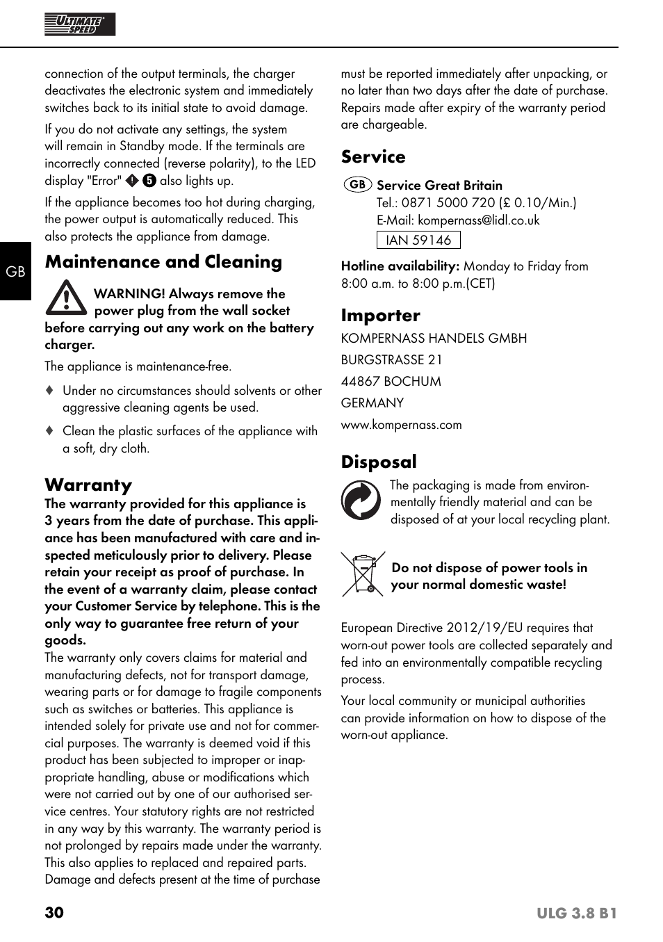 Maintenance and cleaning, Warranty, Service | Importer, Disposal | Ultimate Speed ULG 3.8 B1 User Manual | Page 33 / 36