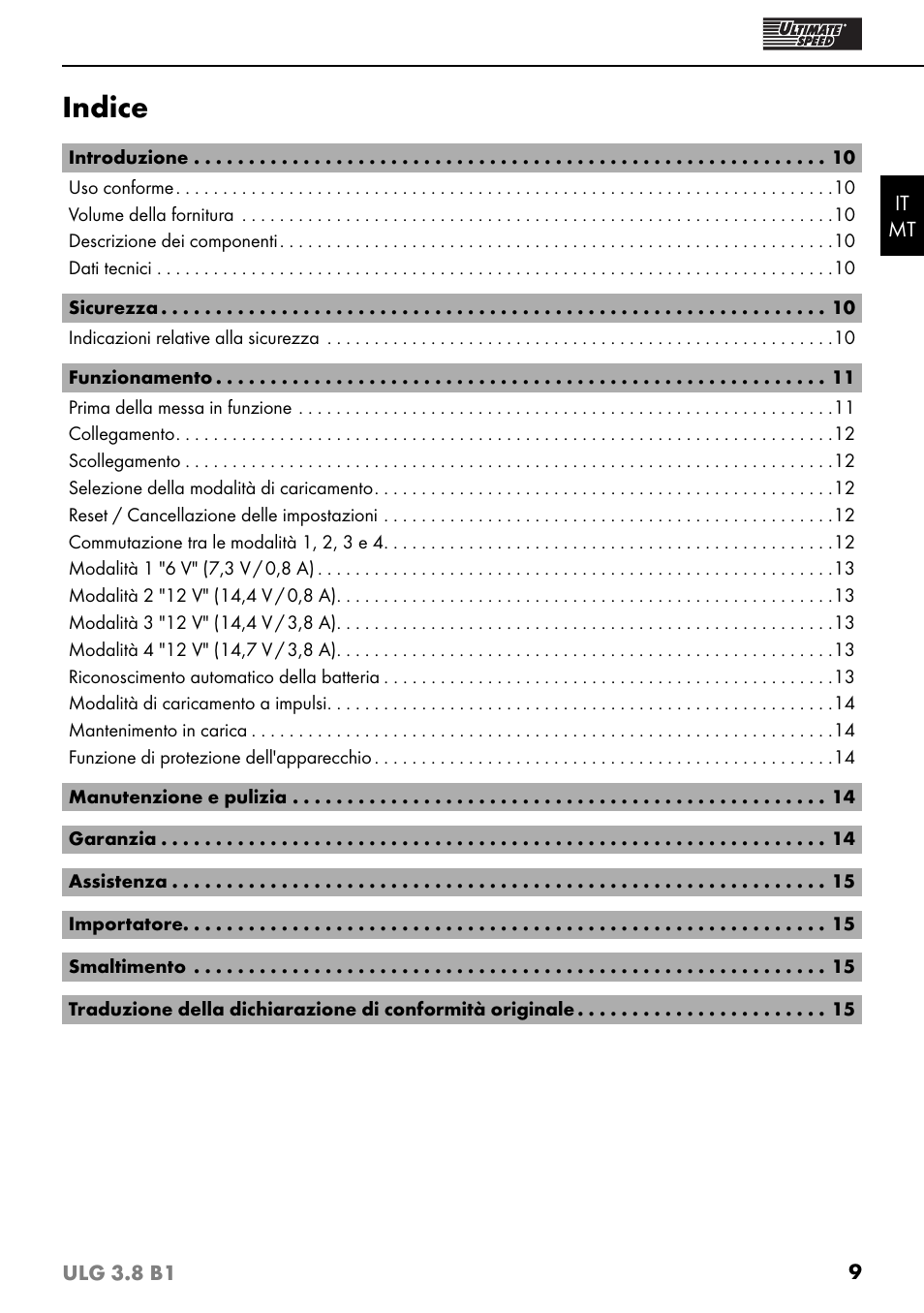 Indice | Ultimate Speed ULG 3.8 B1 User Manual | Page 12 / 44