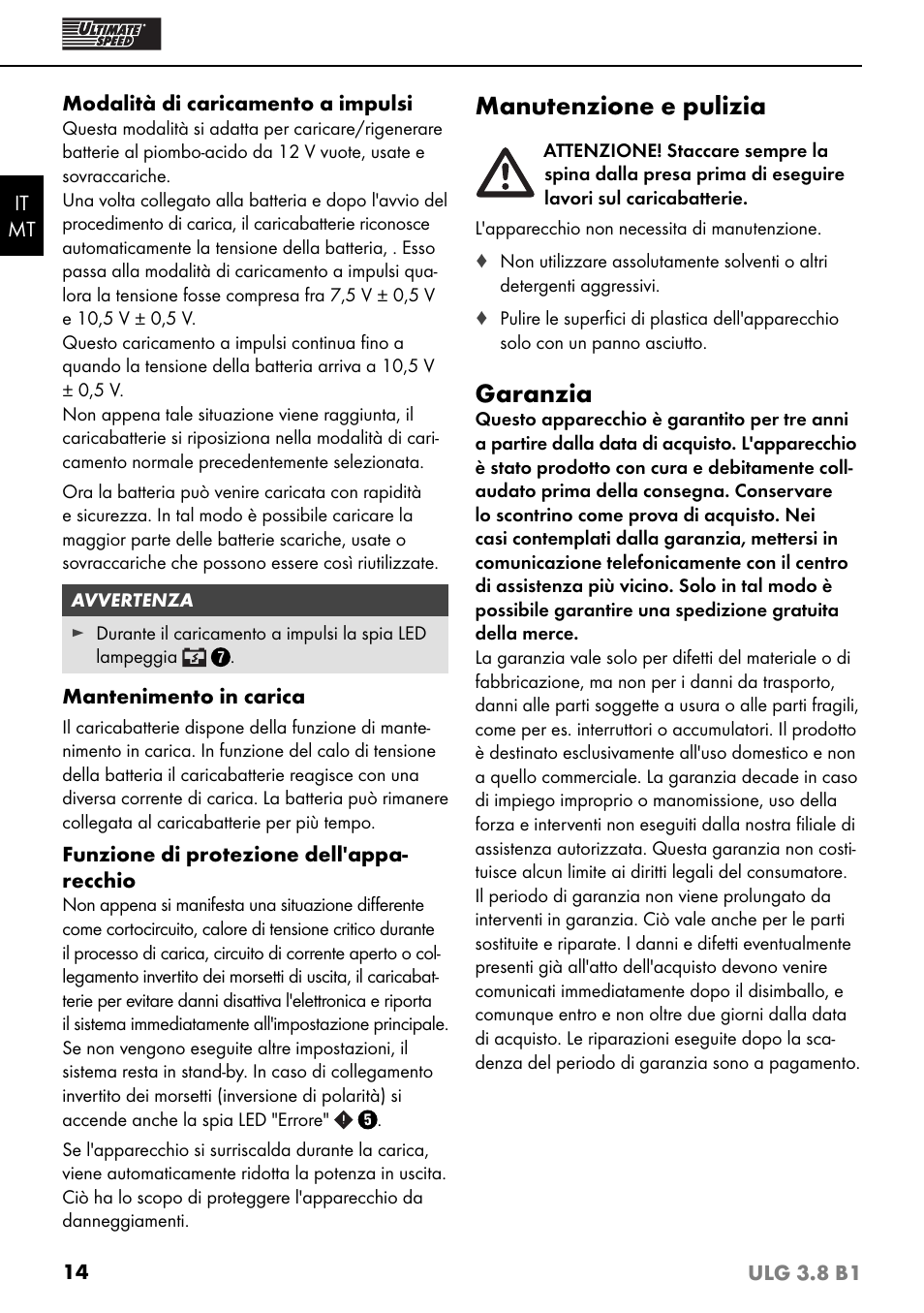 Manutenzione e pulizia, Garanzia | Ultimate Speed ULG 3.8 B1 User Manual | Page 17 / 44