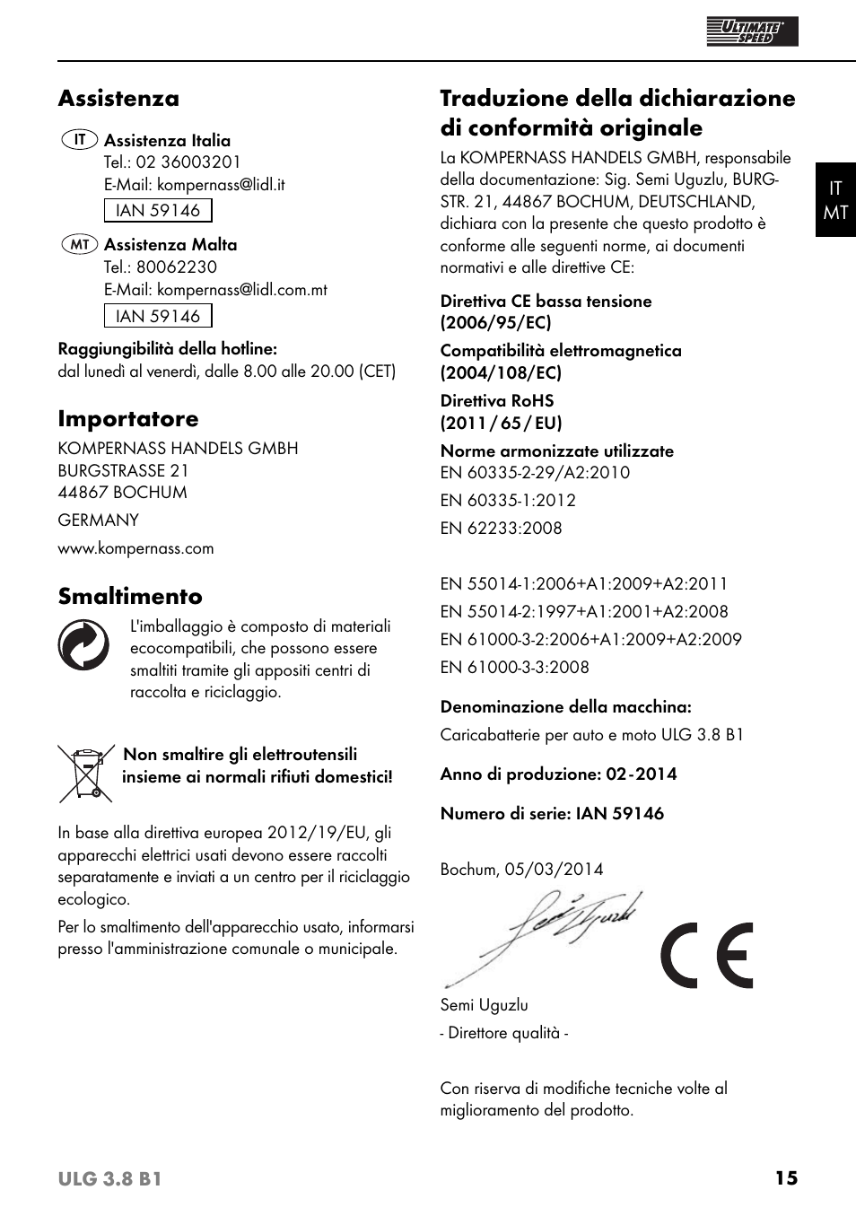 Assistenza, Importatore, Smaltimento | Ultimate Speed ULG 3.8 B1 User Manual | Page 18 / 44