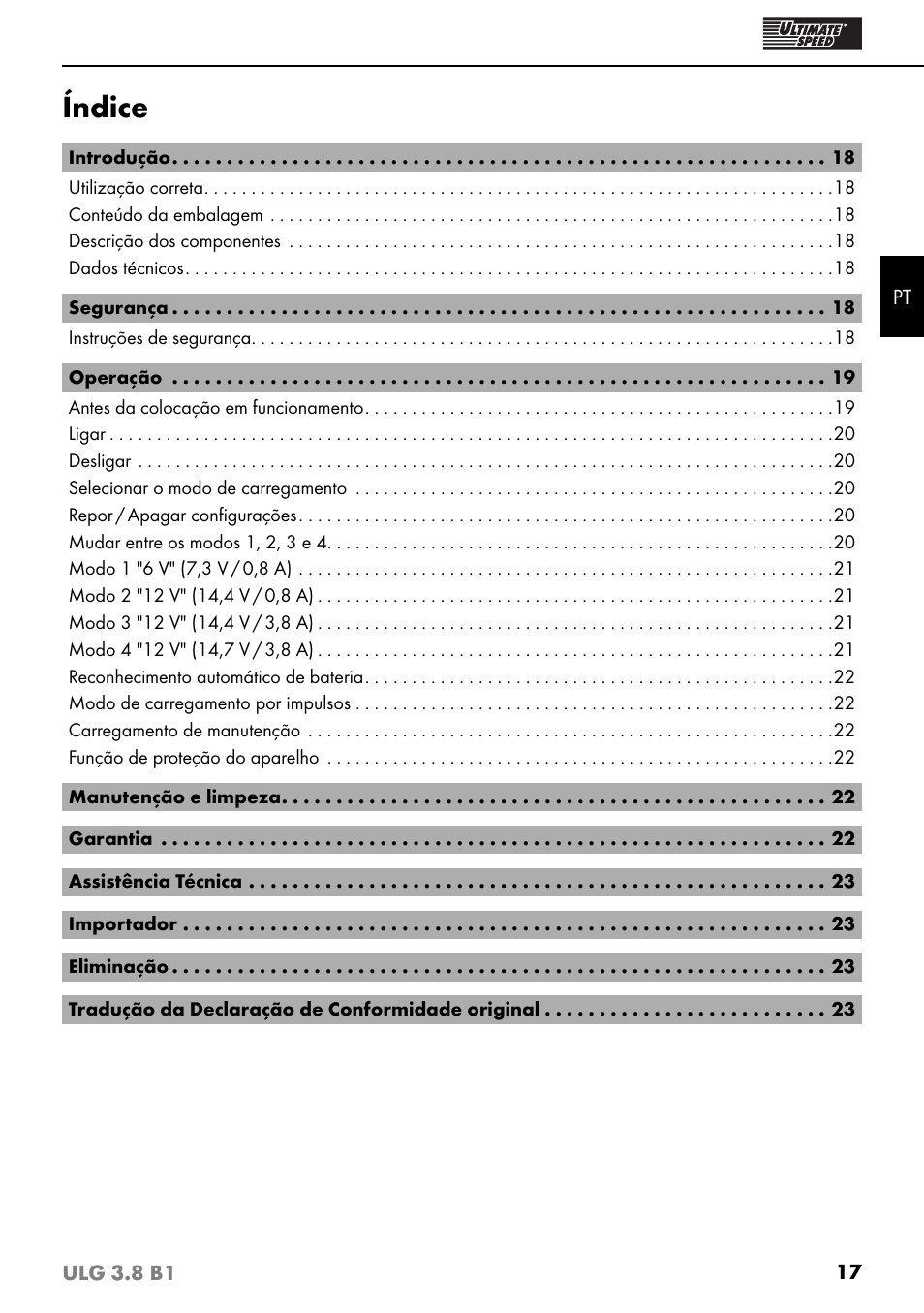 Índice | Ultimate Speed ULG 3.8 B1 User Manual | Page 20 / 44