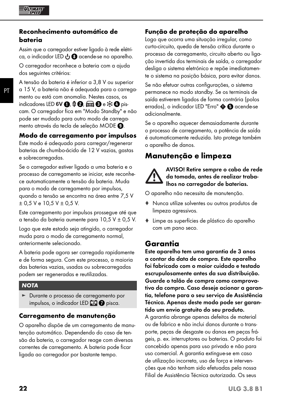 Manutenção e limpeza, Garantia | Ultimate Speed ULG 3.8 B1 User Manual | Page 25 / 44