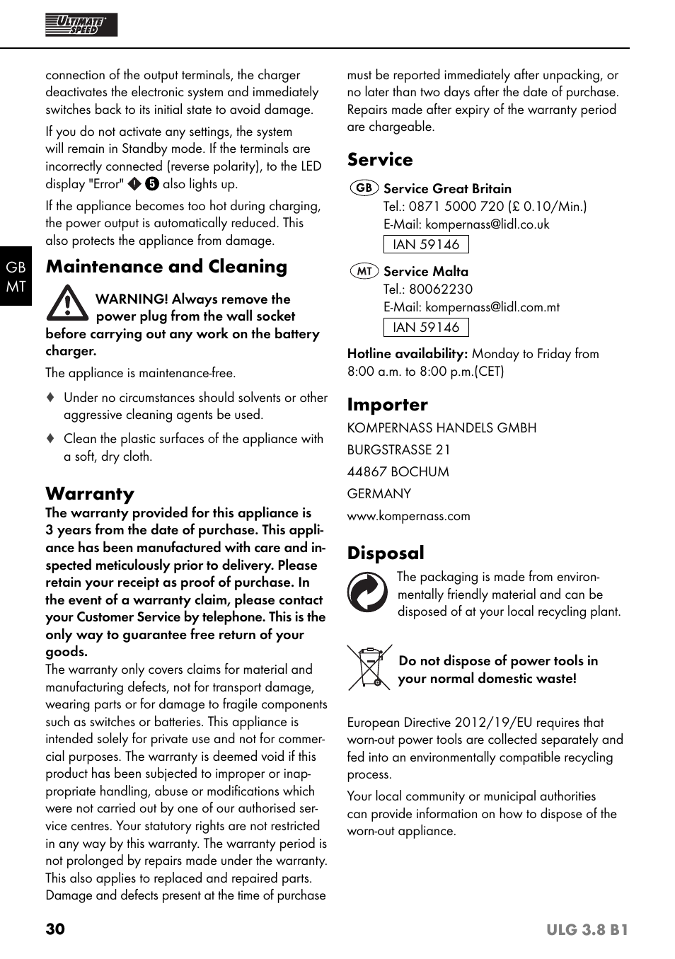 Maintenance and cleaning, Warranty, Service | Importer, Disposal | Ultimate Speed ULG 3.8 B1 User Manual | Page 33 / 44