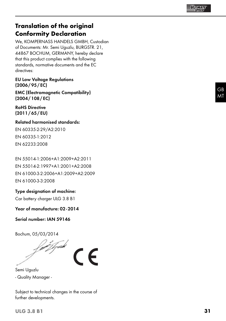 Translation of the original conformity declaration | Ultimate Speed ULG 3.8 B1 User Manual | Page 34 / 44