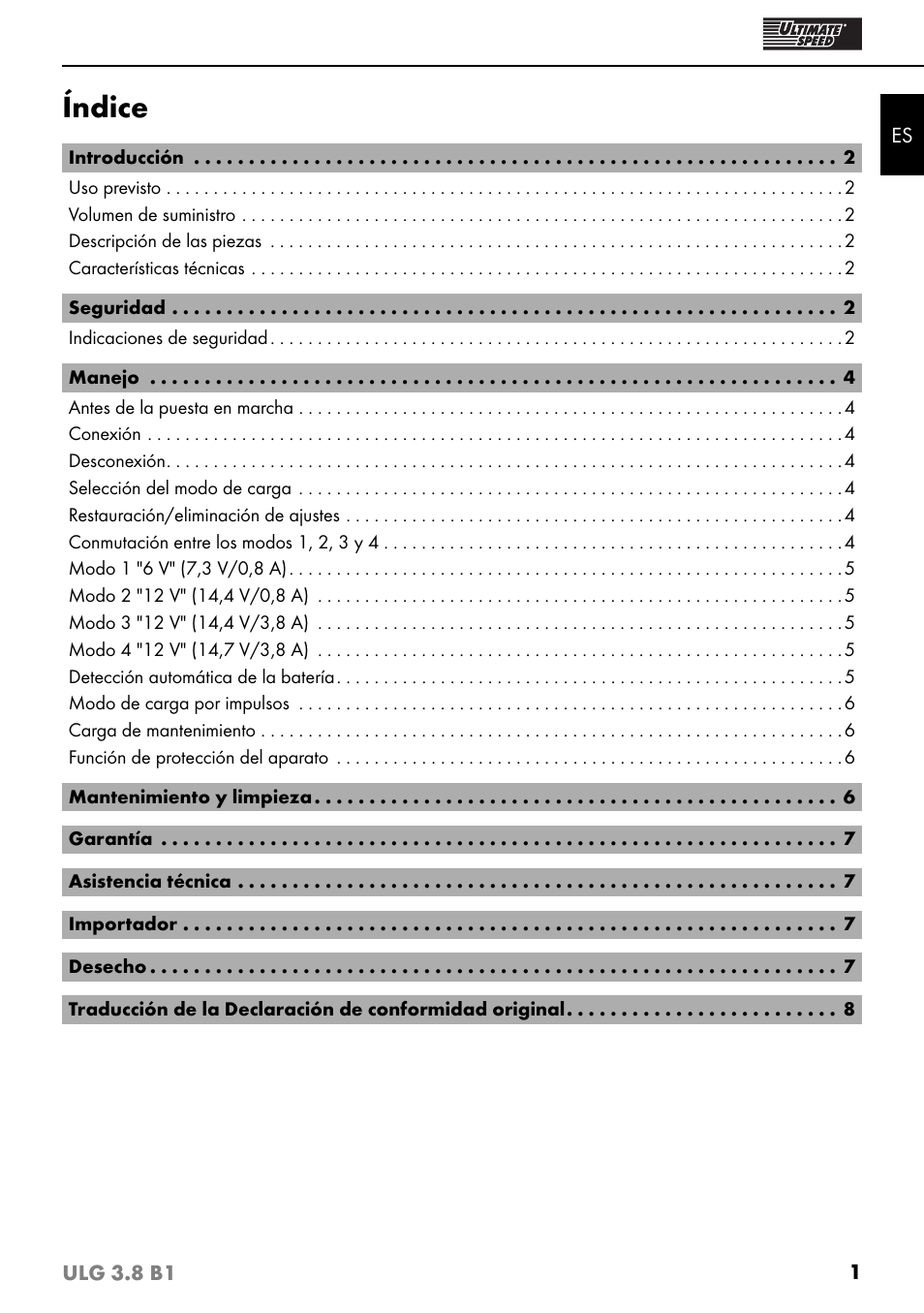 Índice | Ultimate Speed ULG 3.8 B1 User Manual | Page 4 / 44