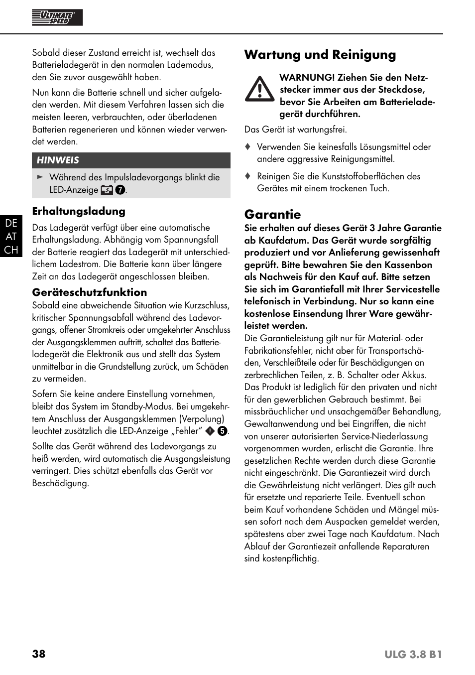 Wartung und reinigung, Garantie | Ultimate Speed ULG 3.8 B1 User Manual | Page 41 / 44