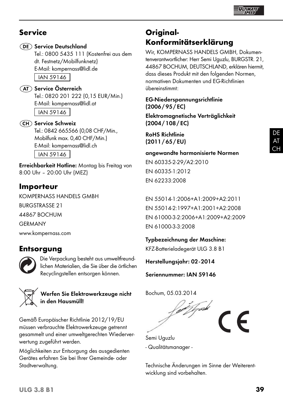 Service, Importeur, Entsorgung | Original- konformitätserklärung | Ultimate Speed ULG 3.8 B1 User Manual | Page 42 / 44