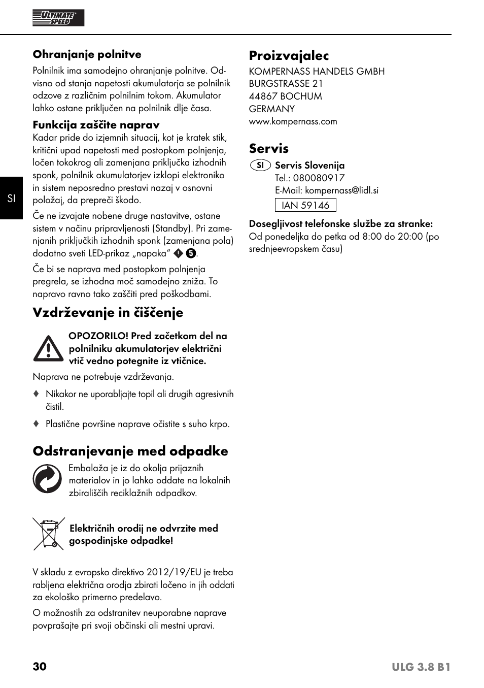 Vzdrževanje in čiščenje, Odstranjevanje med odpadke, Proizvajalec | Servis | Ultimate Speed ULG 3.8 B1 User Manual | Page 33 / 60
